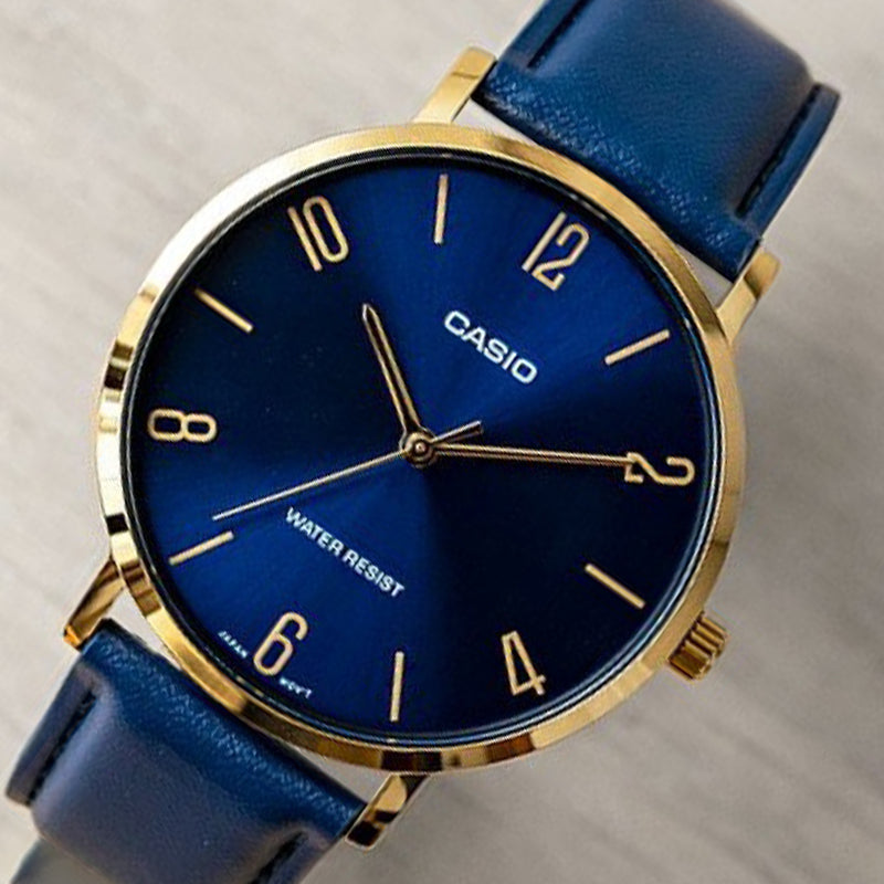 Casio Influencer Fashion Business Leather Strap Analog Watch 'Royal Blue Gold' MTP-VT01GL-2B2