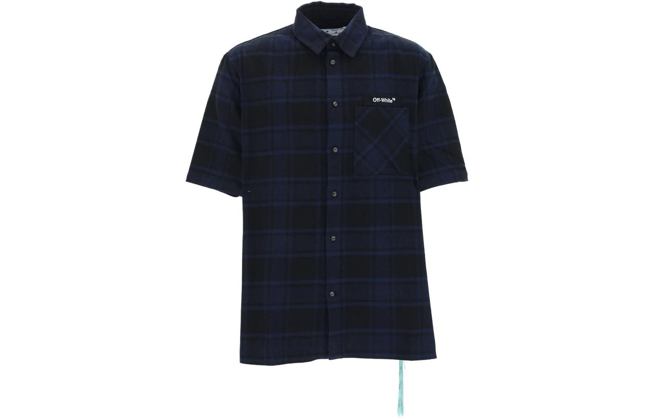 Men's Off-White SS22 Alphabet Printing Plaid Arrow Short Sleeve Shirt Blue OMGA205S22FAB0054510