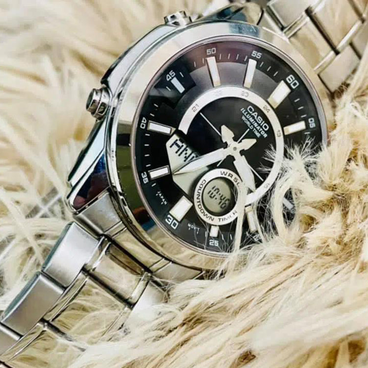CASIO Waterproof Stainless Steel Strap Mens Black Analog/Digital Combo AMW-810D-1A