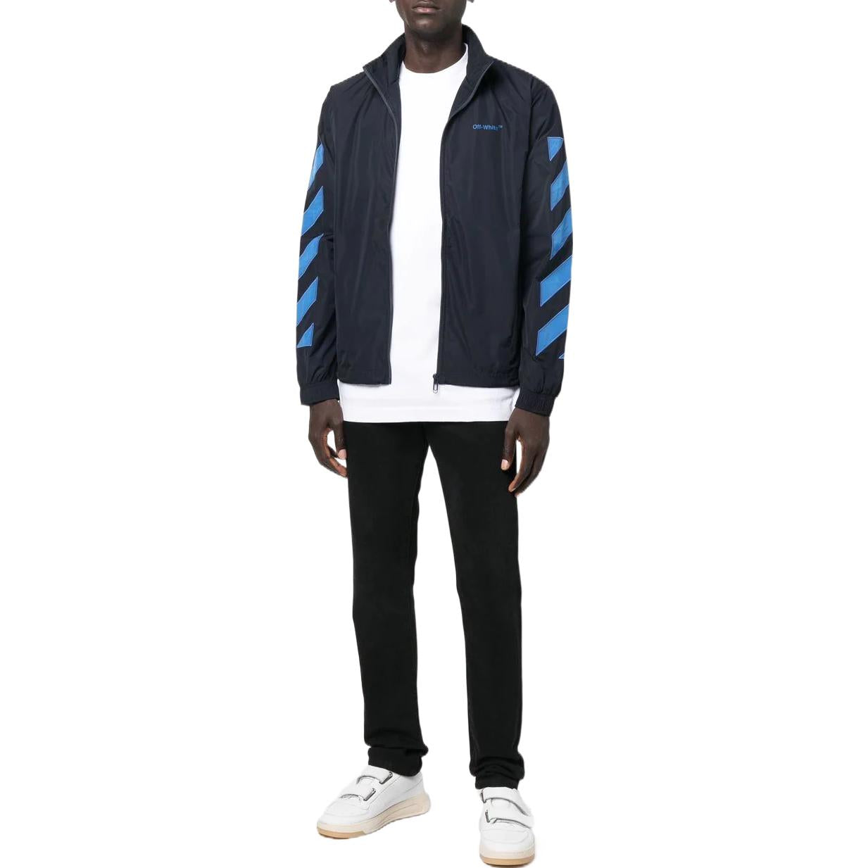 Men's Off-White Logo Printing Pattern Zipper Stand Collar Jacket Black OMBD040F22FAB00146454645