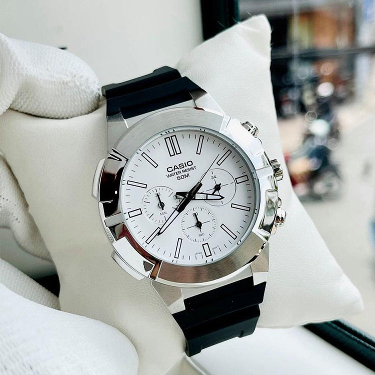 Casio Dress Classic Minimalistic Analog Watch 'White Black Silver' MTP-E500-7AV