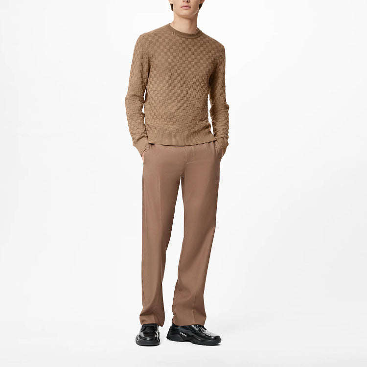 Men's LOUIS VUITTON FW21 Iconic Grid Round Neck Long Sleeves Brown T-Shirt 1A9A0L