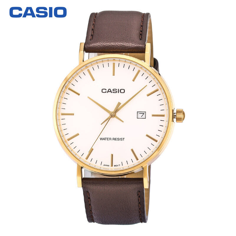 CASIO Waterproof Quartz White DialBrown Strap Mens WhiteBrown Analog MTH-1060GL-7APF