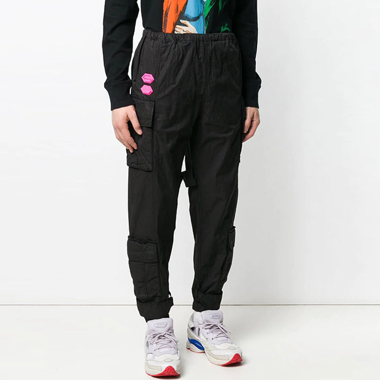 Men's Off-White Solid Color Cargo Pocket Sports Pants/Trousers/Joggers Loose Fit Black OMCF004R19A210211000