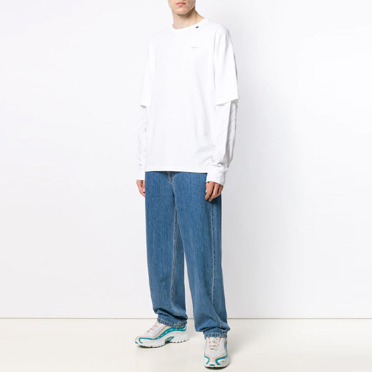 Men's Off-White SS21 Logo Twill Printing Long Sleeves Creamy White T-Shirt OMAB022E191850030191