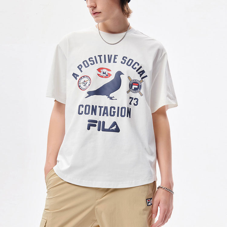 Men's FILA FUSION x staple Crossover Baseball Pattern Printing Loose Sports Short Sleeve White T-Shirt T11M134108F-WT