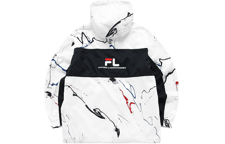 Men's FILA FUSION x FUTURA Crossover Splash Ink Full Print Woven Sports Hooded Jacket White T11M138704F-WT