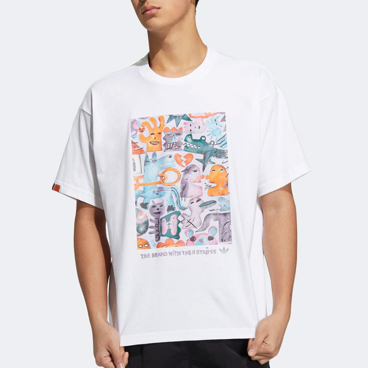 Men's adidas originals Chest Pattern Cartoon Printing Round Neck Short Sleeve White T-Shirt HR6452