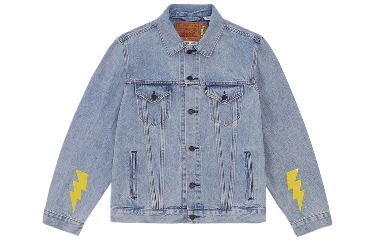 Men's Levis x Pokmon Crossover Pikachu Embroidered Cartoon Denim Jacket Cartoon Denim 77380-0040