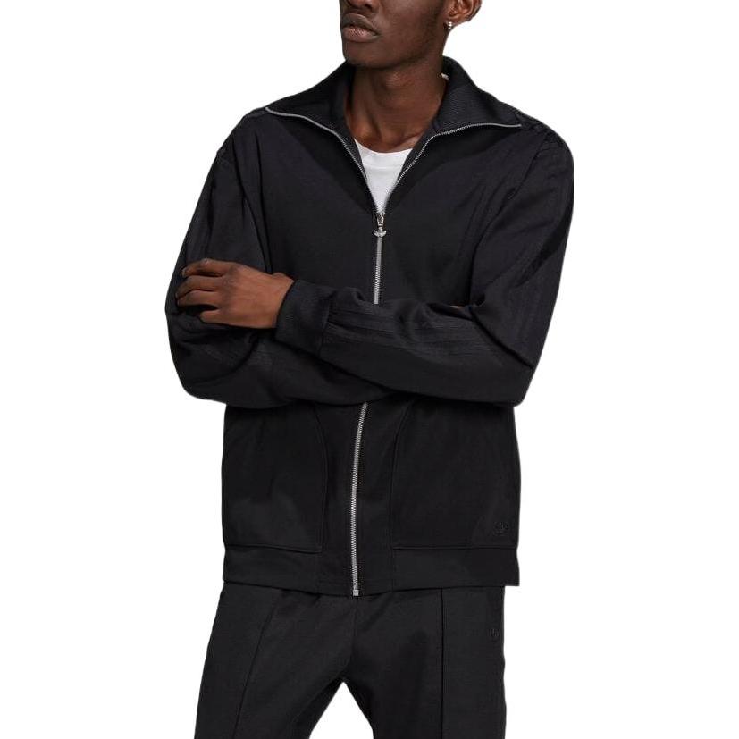 Men's adidas Solid Color Zipper Lapel Stripe Long Sleeves Jacket Black H11373