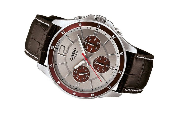 CASIO Men's ENTICER Wrist Red/Brown Waterproof Mens Red/Brown Analog MTP-1374L-7A1V