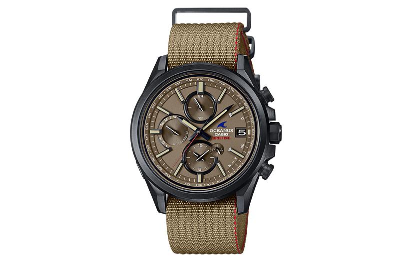 Men's CASIO Waterproof Business Quartz Movement 48.1*42.8*11.9mm Casual Fabric Strap Watch Mens Brown Analog OCW-T4000BRE-5AJR