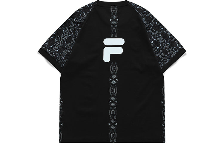 Men's FILA FUSION x WM White Crossover Pattern Printing Loose Short Sleeve Dark Black T-Shirt T11M127103F-BK