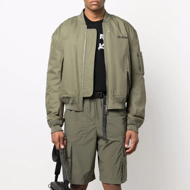 Men's Off-White SS22 Logo Embroidered Ribbed Collar Aviator Jacket Military Green OMEH040S22FAB0015610
