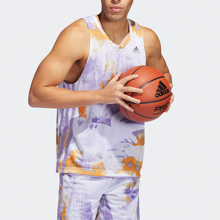 Men's adidas Tie Dye Stripe Round Neck Basketball Sports Vest Purple H58457