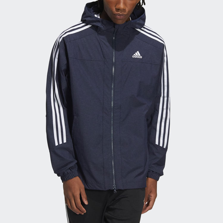 Men's adidas Contrasting Colors Stripe Sports Hooded Jacket Legendary Ink Blue HC9956