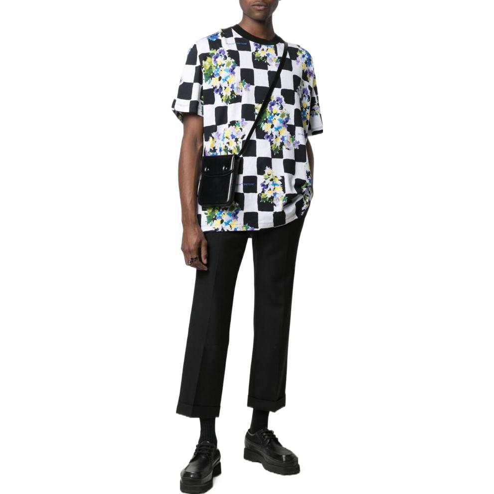Men's Off-White SS22 Plaid Flowers Printing Round Neck Short Sleeve Loose Fit Black T-Shirt OMAA038S21JER01784008400