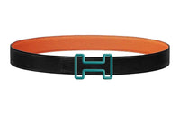 HERMES H Logo Smooth Buckle Leather Belts Men's Orange/Black Width: 3.2CM