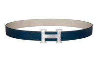 HERMES Individual Print Silver Buckle Togo Calfskin Double-Sided Leather Belt Women's Blue Width: 3.2cm