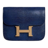 HERMES Constance Slim Lizard Skin Wallets Card Holders Fanny Pack Women's 73 Bleu Saphir Sapphire Blue