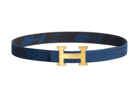 HERMES Gold Buckle Nylon Mesh Double-Sided Belt Men's French Blue/Indigo Width: 3.2cm
