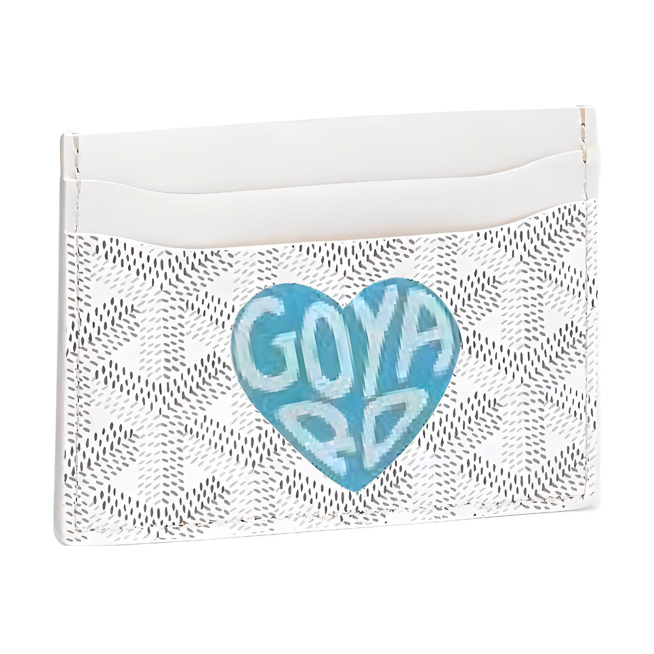GOYARD Canvas With Calfskin Card Clip Card Holder Unisex White With Light Blue Heart Design