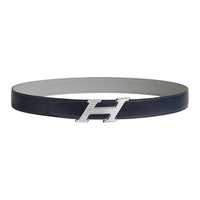 HERMES H Matte Design Smooth Skin Metal Leather Belts Men's Marine Blue Width: 3.2cm