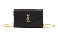 SAINT LAURENT Monogram Chain Wallet Matelasse Grain De Poudre Gold tone Black