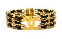 CHANEL Gold-Plated Leather Leather Bracelets Unisex Black/Gold