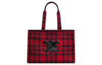 CELINE Fabric Plaid With Cow Leather Handbag Women's Red Black