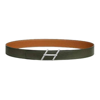 HERMES Calfskin Leather Belts Men's Brown/Gray Green Width 3.2cm