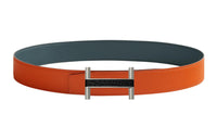 HERMES Comfortable Elegant Individual Silver Buckle Epsom Calfskin Double-Sided Leather Belt Men's Orange Width: 3.8cm