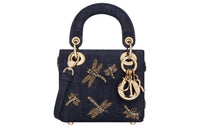DIOR Dragonfly Embroidered Denim Fabric Shoulder Bag Crossbody Bag Handbag Extra Mini Women's Blue