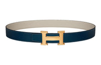 HERMES H Gold Buckle Togo Calfskin Double-Sided Leather Belt Women's Blue/Ecru Width: 3.2cm