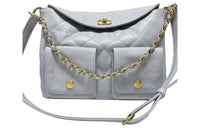 CHANEL Smooth Cow Leather Handbag, Shoulder Bag, Crossbody Bag Large Size Women's Gray Blue