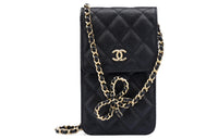 CHANEL Litchi Grain Cow Leather Cell Phone Pouch Small Size Women's Black