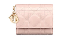 DIOR Lady Dior Patent Leather Wicker Pattern Calfskin Wallet Women's Lotus Pink