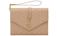 SAINT LAURENT Calfskin Embossed Leather Flap Clutch Women's Dark Coffee