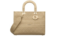 DIOR Lady D-Lite Cotton Handbag Shoulder Bag Crossbody Bag Large Size Women's Beige