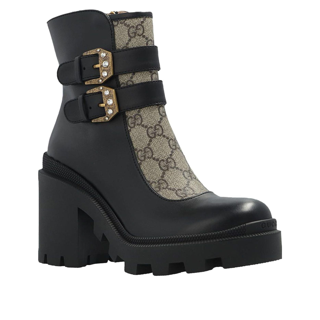(WMNS) Gucci Buckles Ankle Boots 'Black Beige' 701100-UVV20-1182