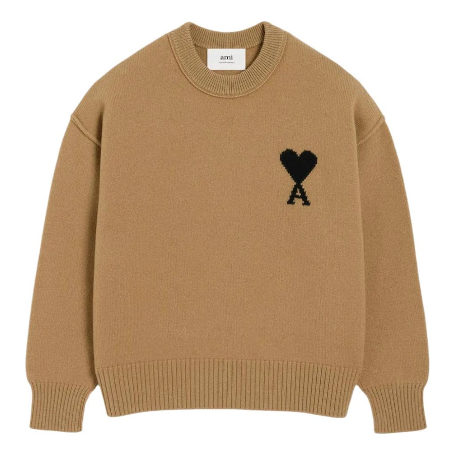 AMI Big Heart Wool Crewneck Sweater 'Camel Black' UKS838-018-288