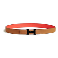 HERMES Calfskin Rose Gold-Plated Leather Belts Women's Brown/Red Width 2.4CM
