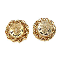 CHANEL 20th Century Plated Cc Wheat Medallion Clip On Earrings Costume Earrings