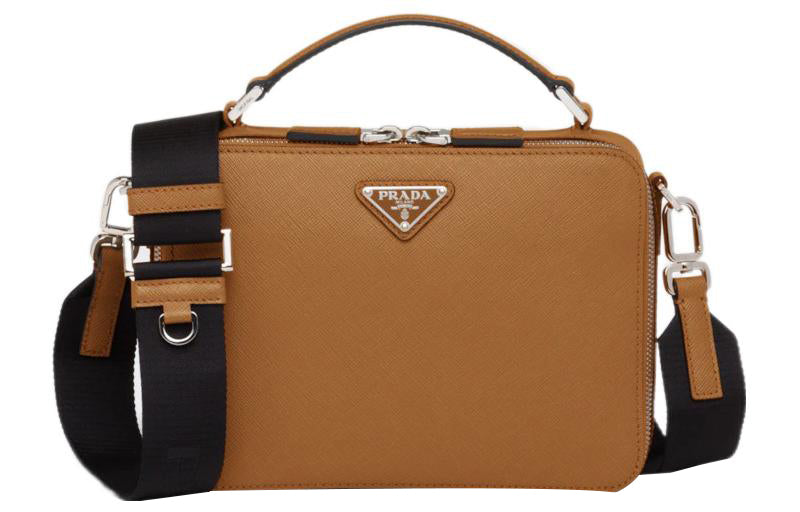 PRADA BriqueSaffiano Leather Handbag Shoulder Bag Crossbody Bag Men's Cinnamon