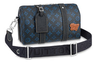 LOUIS VUITTON Keepall Coated Canvas Cow Leather Patchwork Trim Shoulder Bag Crossbody Bag Handbag Men's Blue