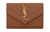 SAINT LAURENT Monogram Quilting Leather Cropped Flap Envelope Wallet Small Size Women's Deep Natural Brown