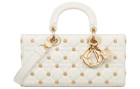 DIOR Lady D-JOY Wicker Pattern Lambskin Shoulder Bag Crossbody Bag Handbag Medium Size Women's White