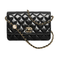 CHANEL Lambskin With Artificial Pearl Shoulder Bag, Crossbody Bag, Wallet Women's Black