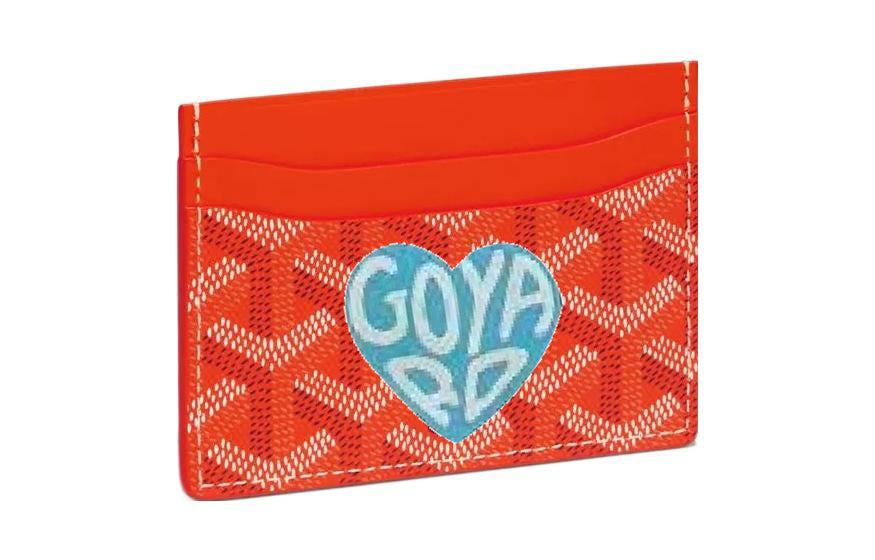 GOYARD Canvas With Calfskin Card Clip Card Holder Unisex Orange With Light Blue Small Heart Design