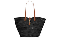 SAINT LAURENT Natural Woven Large Capacity Tote Bag Shopping Bag Handbag Medium Size Women's Black